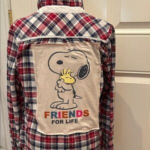 Upcycled Snoopy Friends for Life Kids Plaid Shirt - Red and White